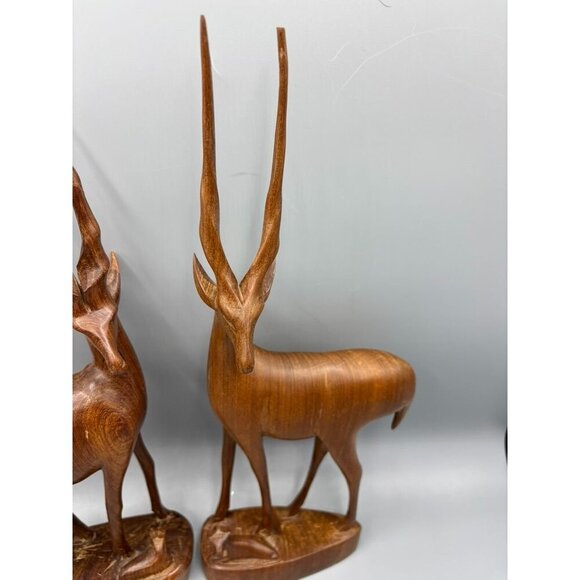 Vtg 2 Pc Hand Carved Wooden Antelope Figurines Set Babies Africa - Picture 6 of 10